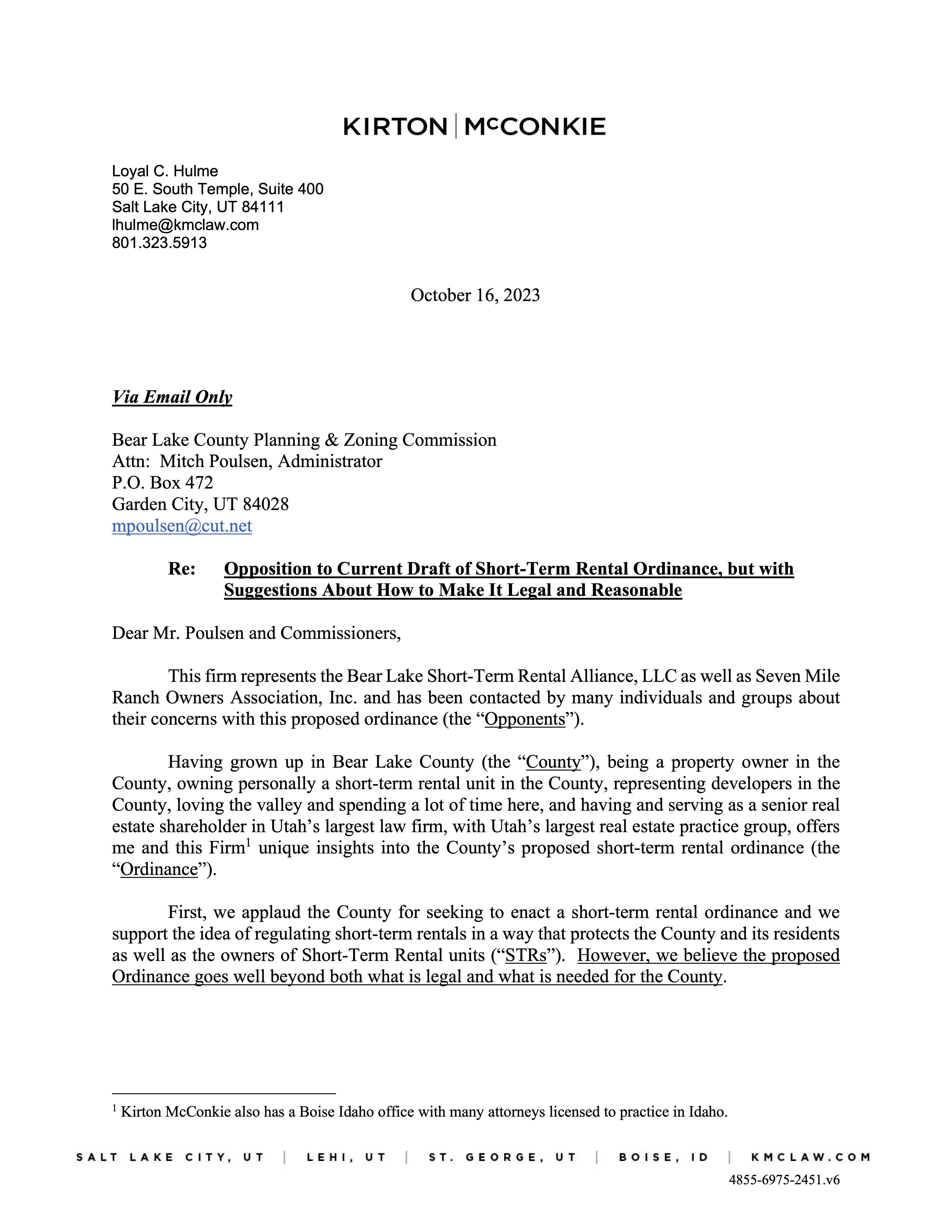 Bear Lake Short-Term Rental Alliance Commissioner Letter Page 1