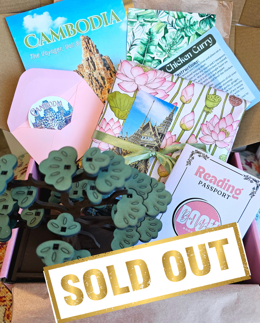 The Cambodian Book Box is shown with a sold out sign