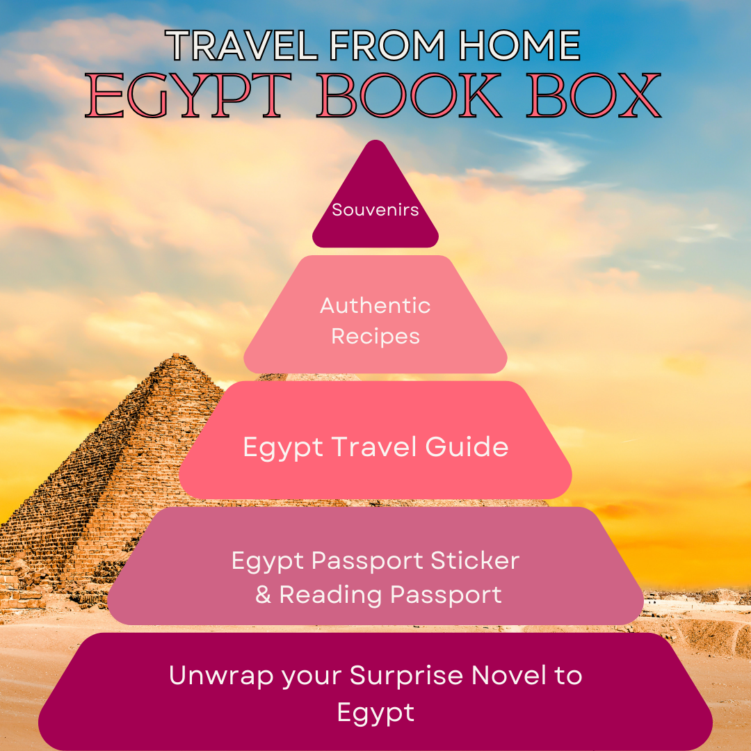 Pyramid of items inside the travel book box: souvenir, authentic recipes, Egypt travel guide, passport sticker, and surprise novel to unwrap