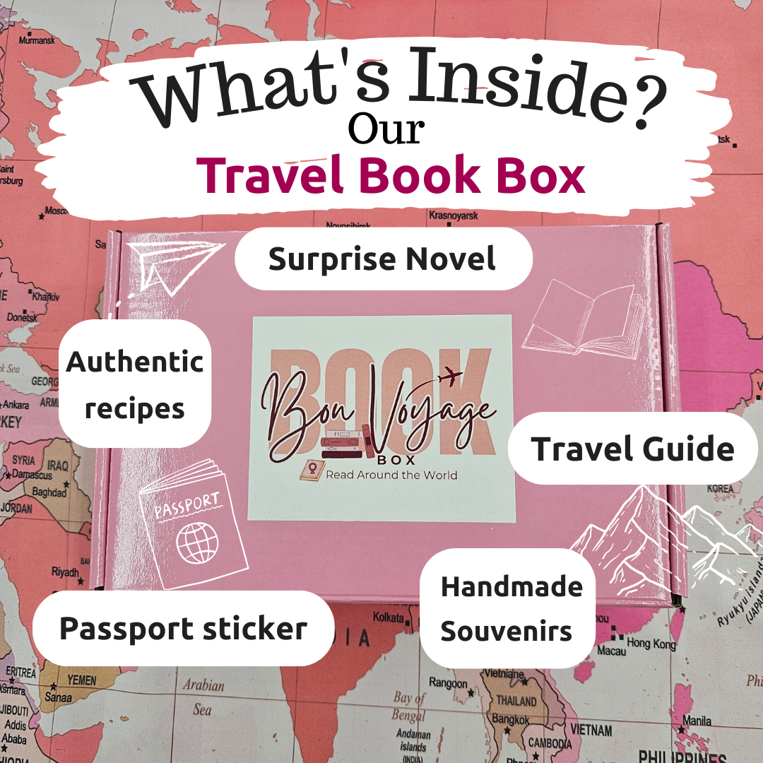 What's Inside Our Travel Book Box? Surprise Novel, Authentic Recipes, Travel Guide, Passport Sticker, Handmade Souvenirs.