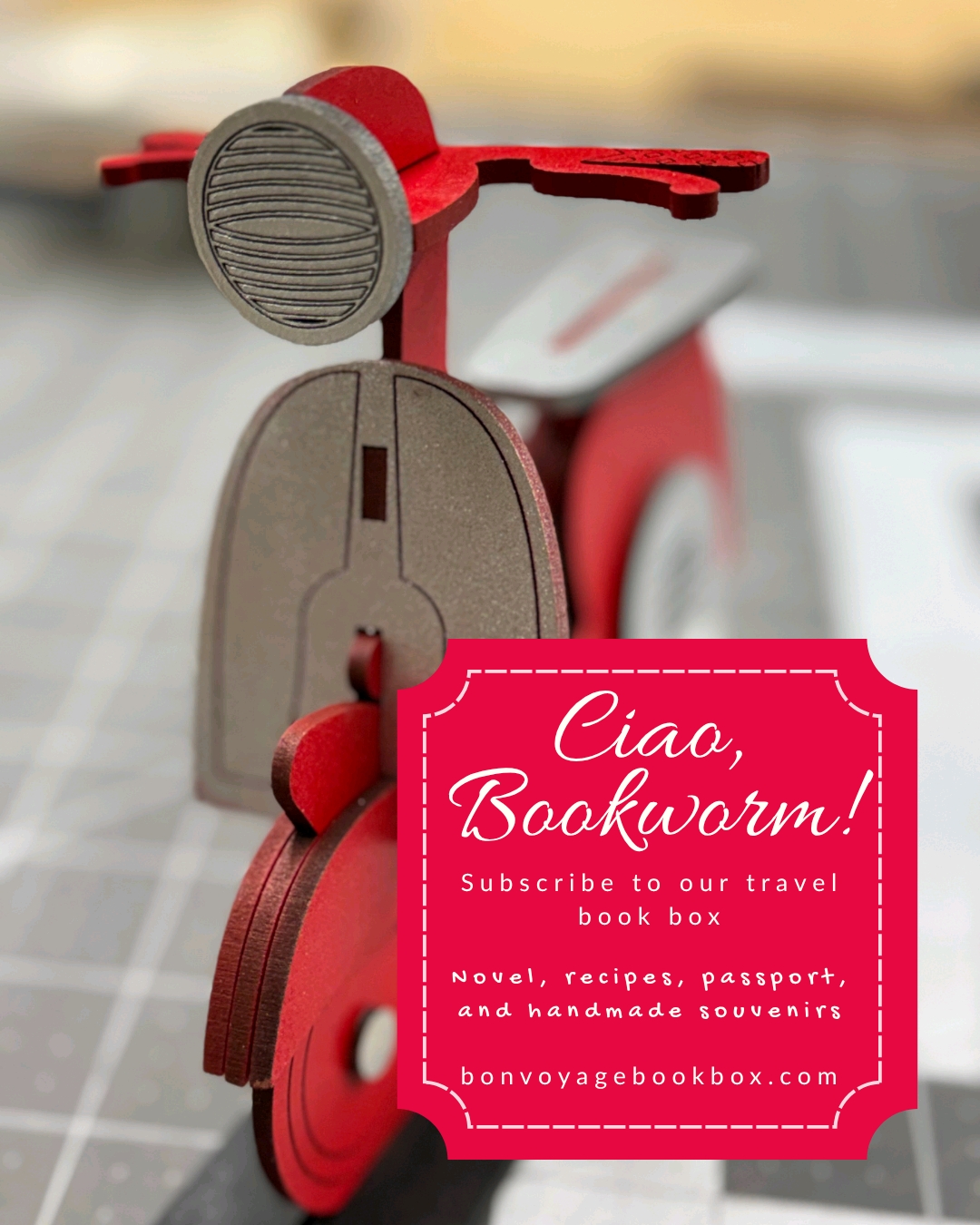 Ciao, Bookworm! Subscribe today to receive your Italy book box. Inside is a surprise novel, passport sticker, authentic recipes, bookmark, and handmade souvenir. 