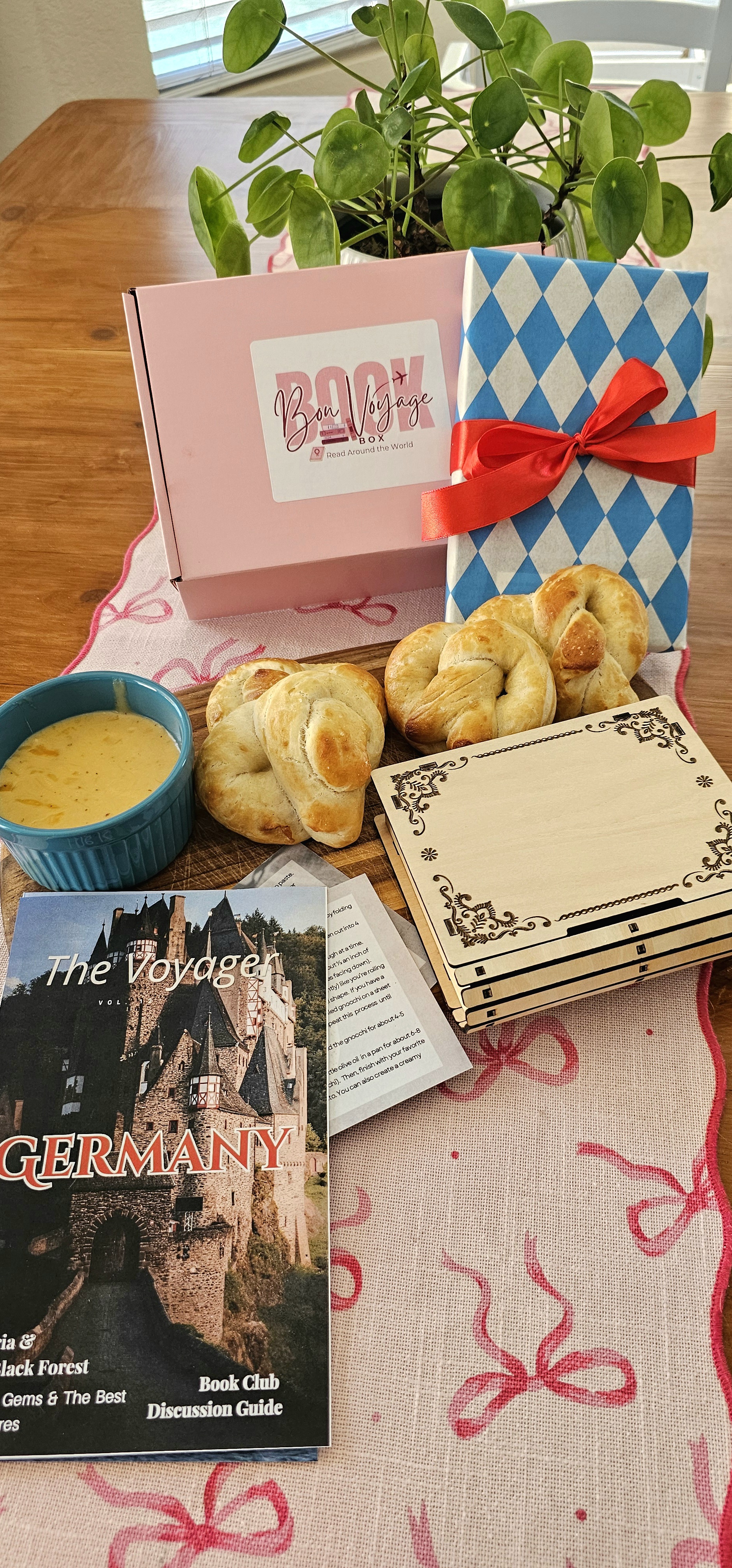 Germany book box pictured with soft pretzels and cheese