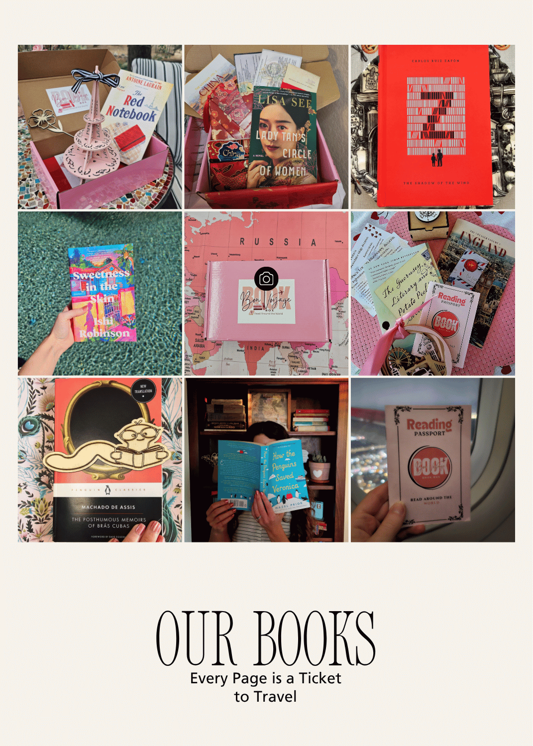 Books from previous boxes displayed: The Red Notebook by Antoine Laurain, Lady Tan's Circle of Women by Lisa See, The Shadow fo the Wind by Carlos Zafon, Sweetness in the Skin by Ishi Robinson, and more.