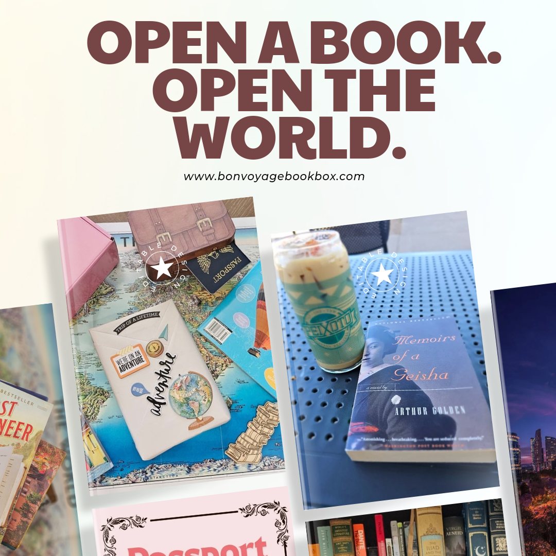 The image has a title that says "Open a Book. Open the world." Below are several images of different books from around the world. One of the images comes with a book wrapped in brown paper and covered in travel-themed stamps. The book is sitting on top of a map and a small suitcase is seen with a passport peeking out.