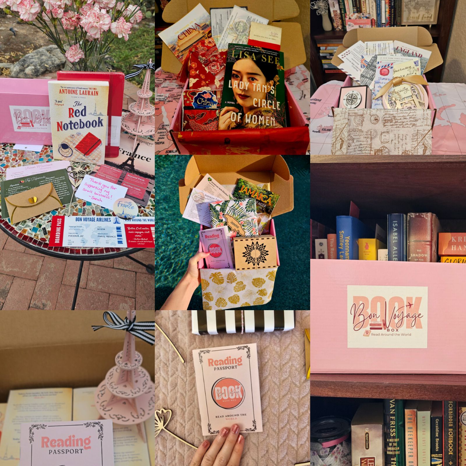 Adeventyre Awaits in Our Travel-Themed LIterary Subscription Box A wrapped book is covered with travel-themed stickers and passport stamps. Next to it is a guidebook to Eastern Europe, a travel magazine, and a passport sticking out of a box that looks like a suitcase.
