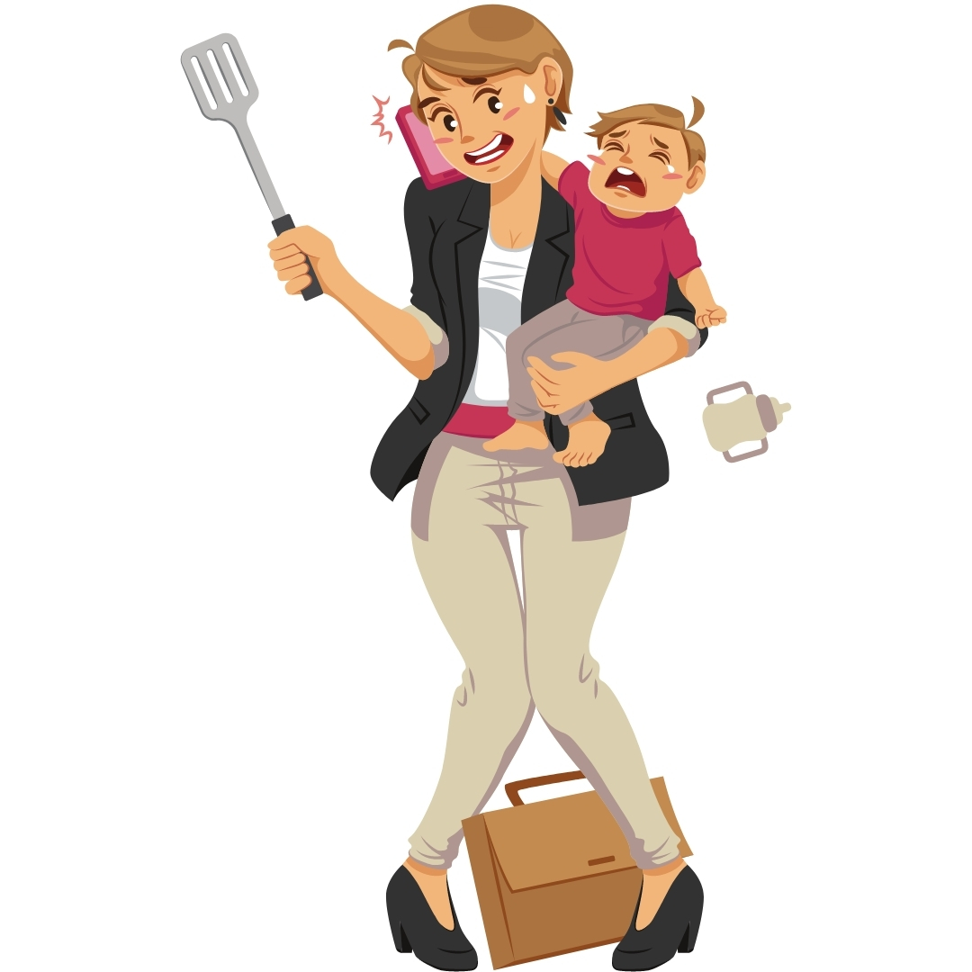 Stressed mom carrying crying baby, trying to cook, work, and talk on the phone. Mom life equals multi-tasking!