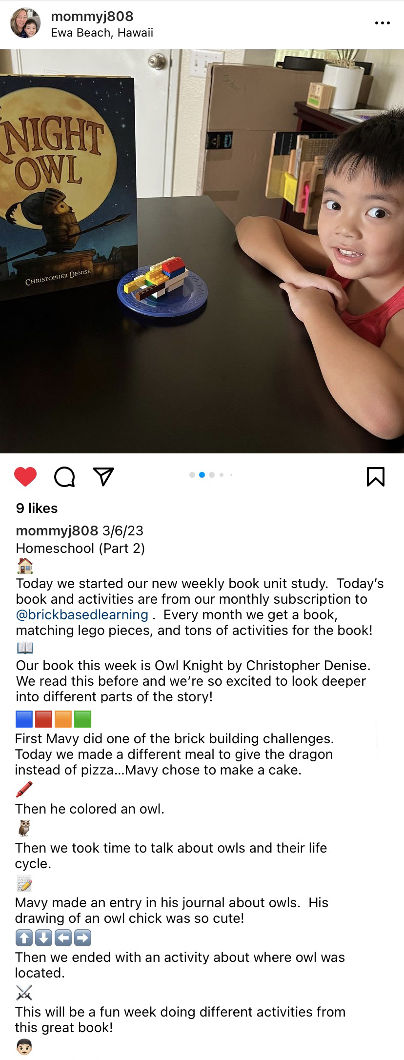 IG post from homeschooling mom using Brick Based Learning's monthly kits 