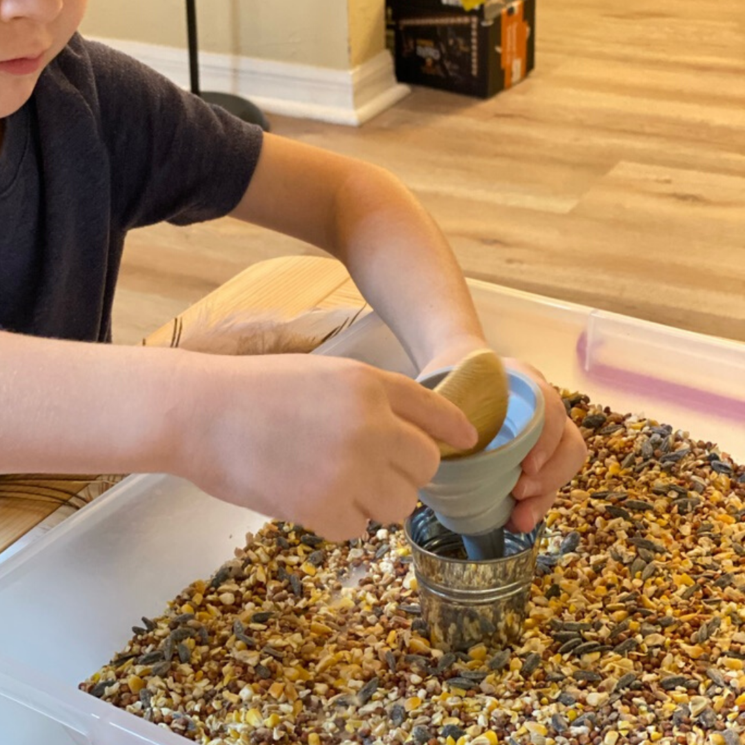 Scooping birdseed into a funnel