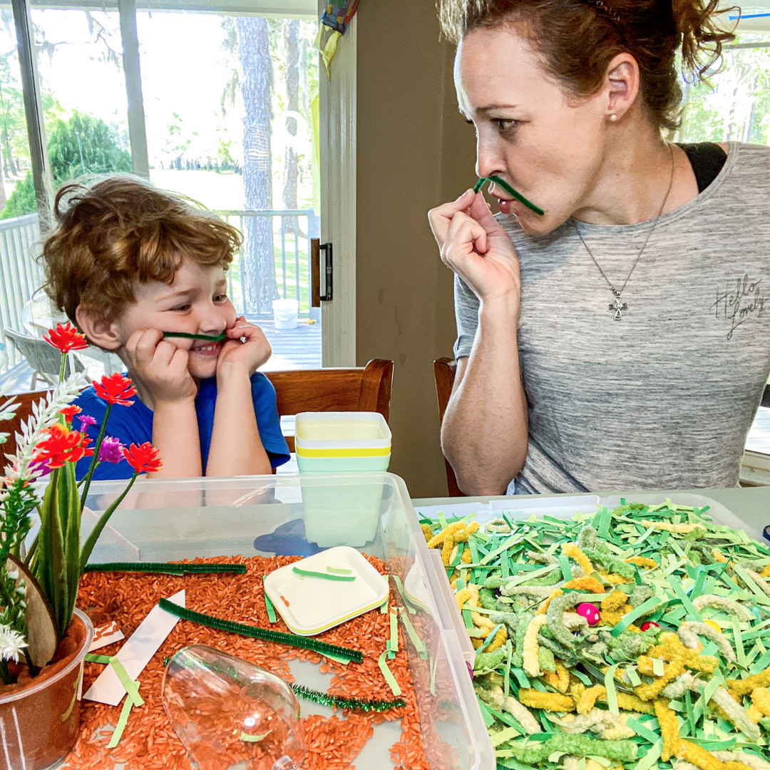 Mom and Son Playing Broccoli Boxes Together