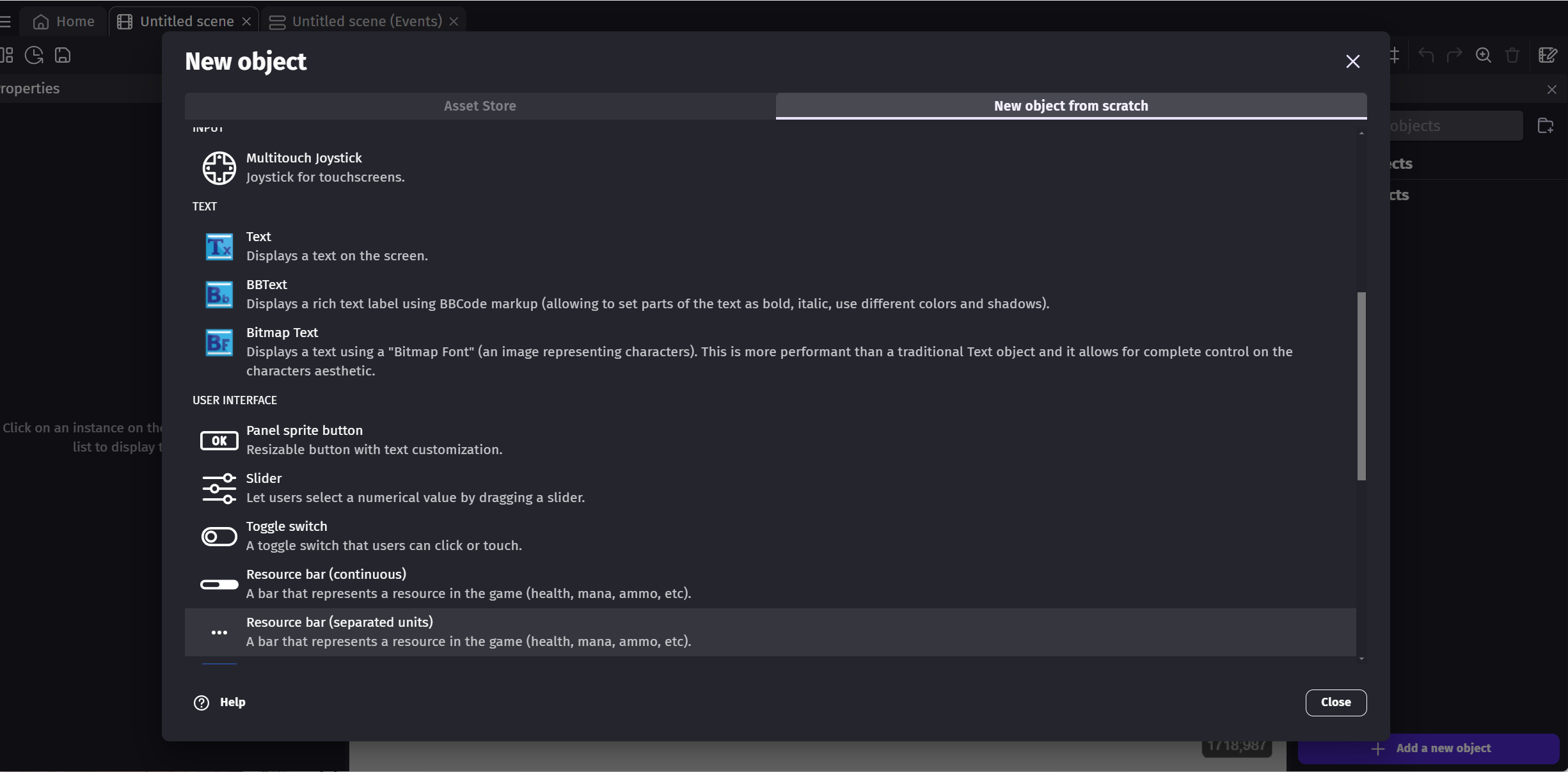 GDevelop New Object Interface GDevelop create new object UI