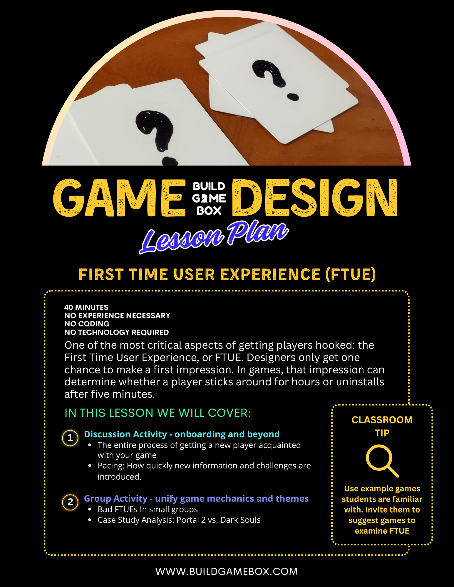 Lesson plan for First Time User Expeerience in games from Build game box