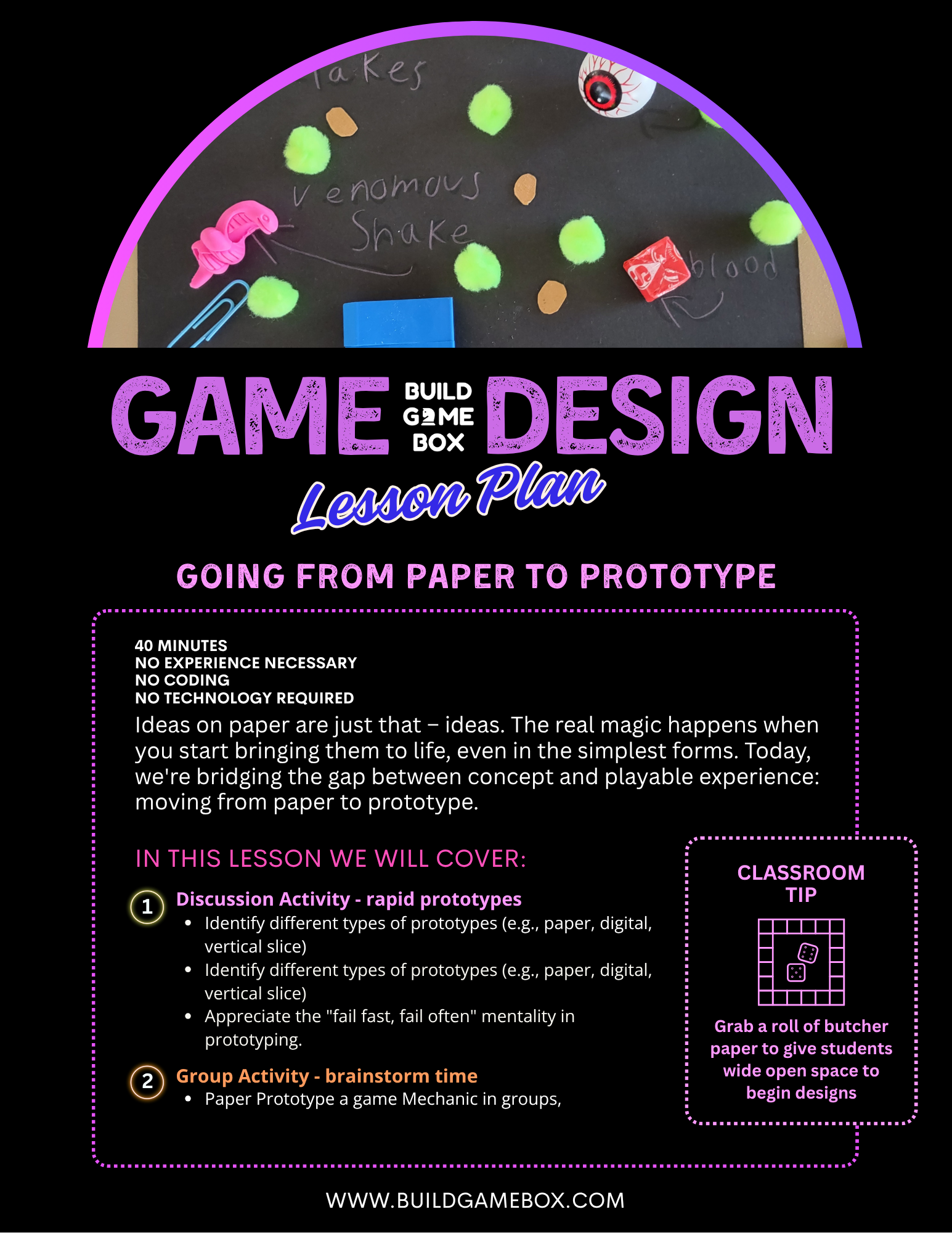 Lesson Plan from Build Game Box for designing from paper to prototype 