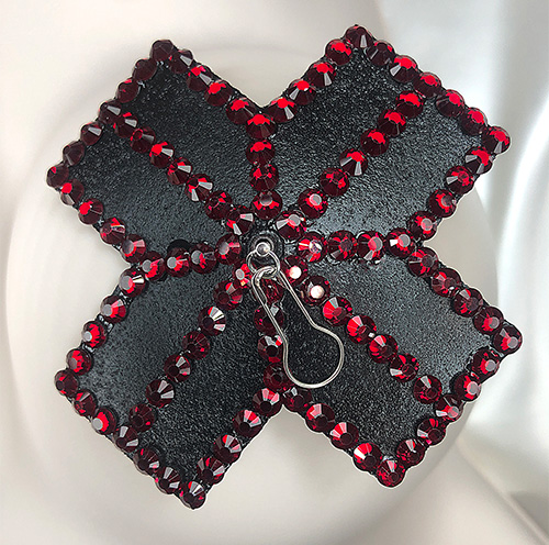 red-lined spinner X pasties with siam rhinestones on a black cross and comes in 4 sizes best burlesque craft bundles ever 1525-quickie-red-lined-spinner-cross.jpg