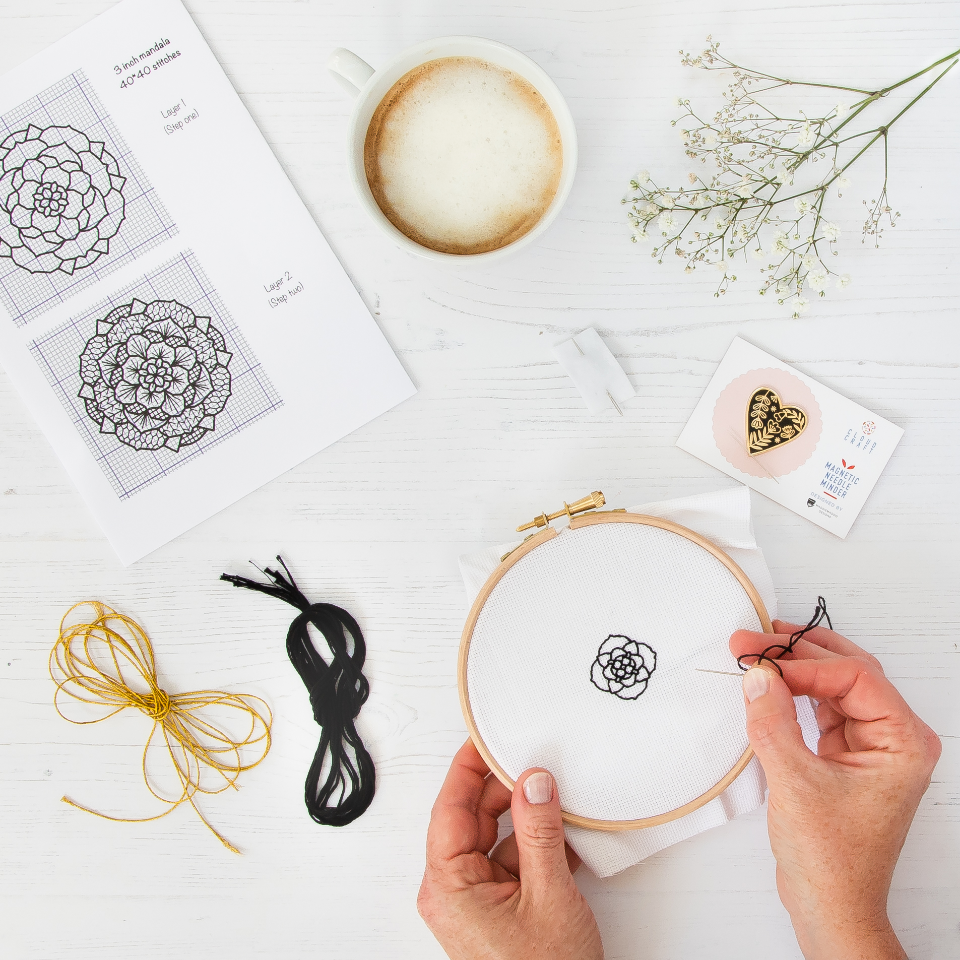 Hands stitching a blackwork embroidery design in a hoop