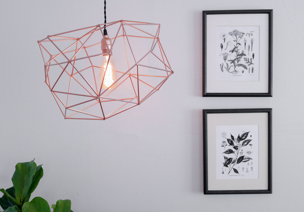 An abstract himmeli light fixture hangs from the ceiling. Two plant prints are mounted on the wall next to it.