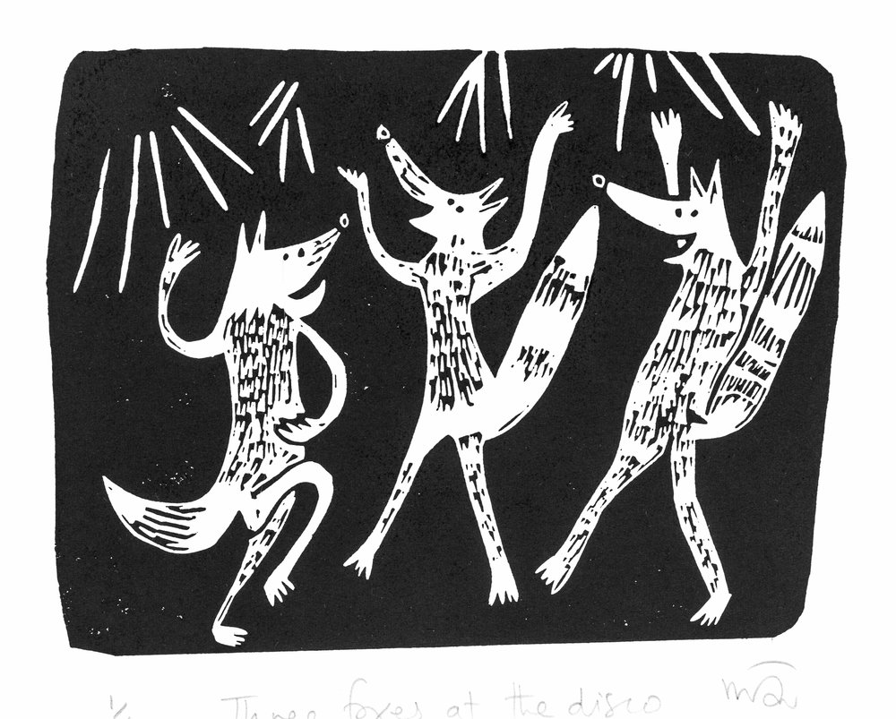 Three abstract style foxes dancing under rain.