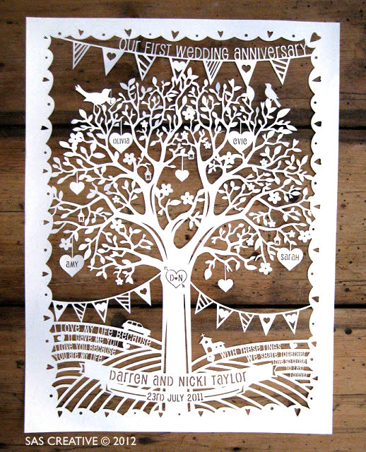 Paper cut-out design of a tree with the words "our first wedding anniversary".