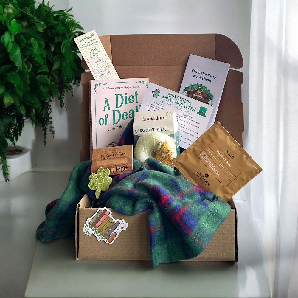 Peek Inside, Diet of Death box Diet of Death box, book, luxury bath bomb, scarf, artisan coffee, ceramic bag brooch, recipe card