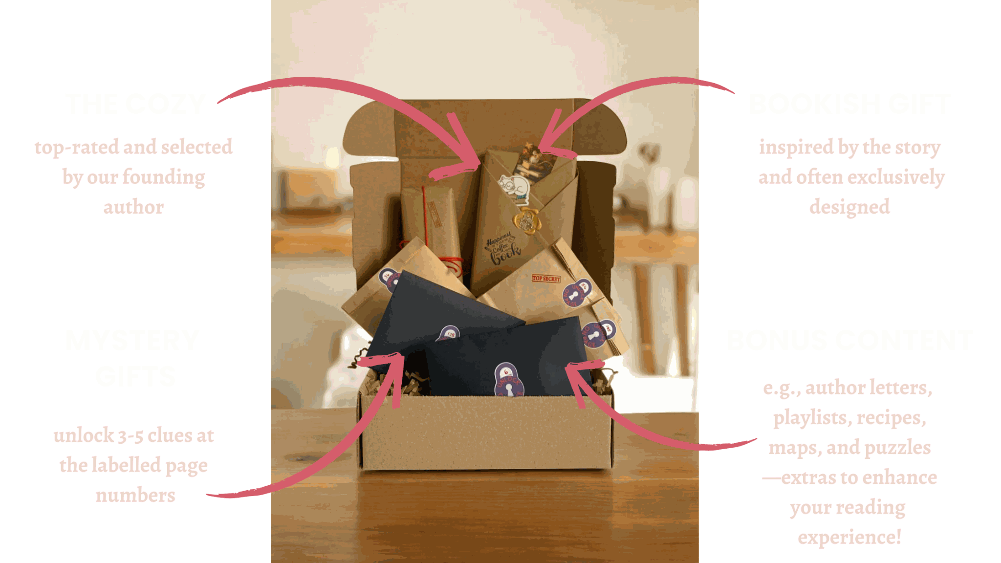 CozyRead Books box brown box overflowing with wrapped gifts