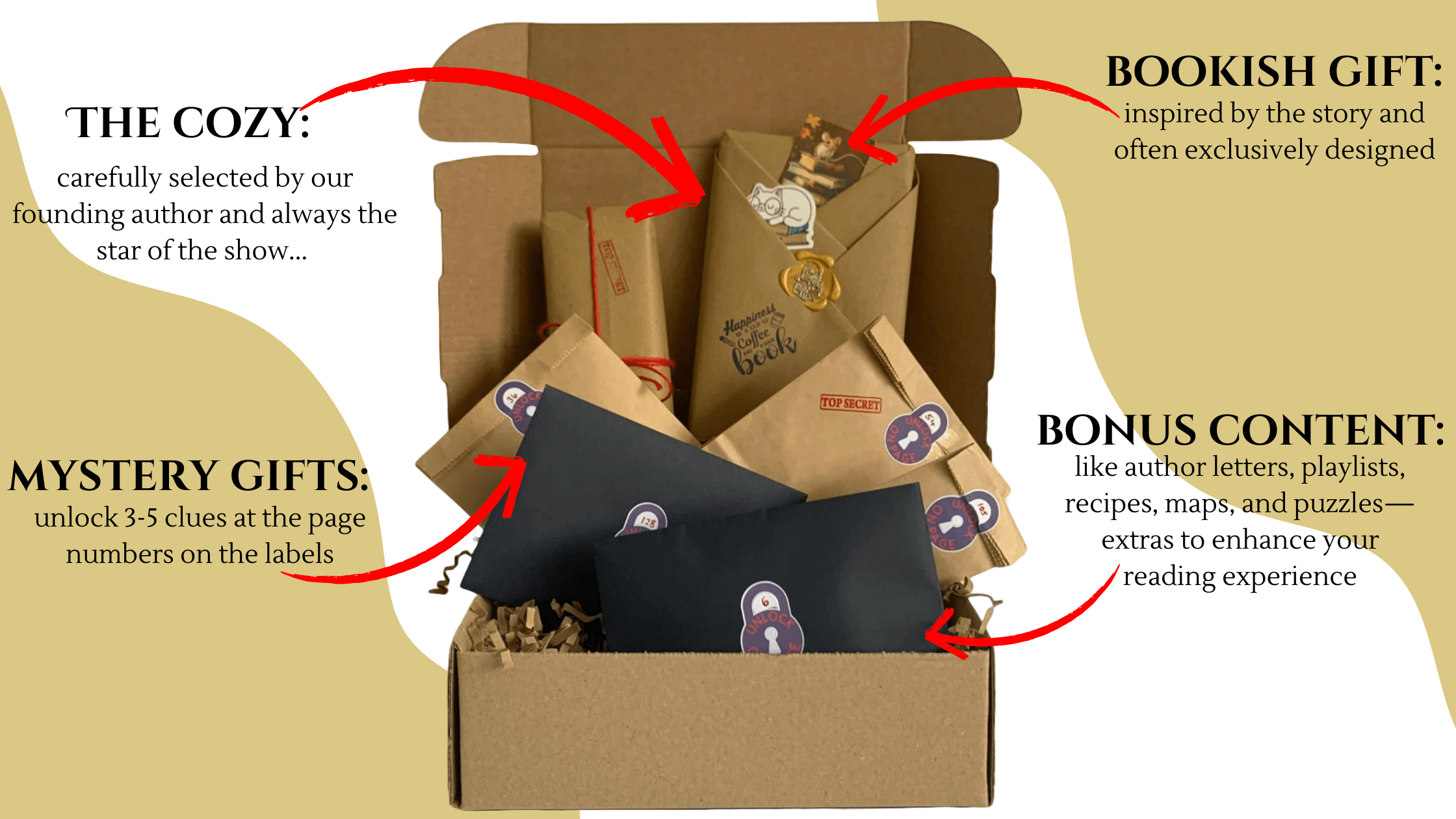 CozyRead Books box brown box overflowing with wrapped gifts