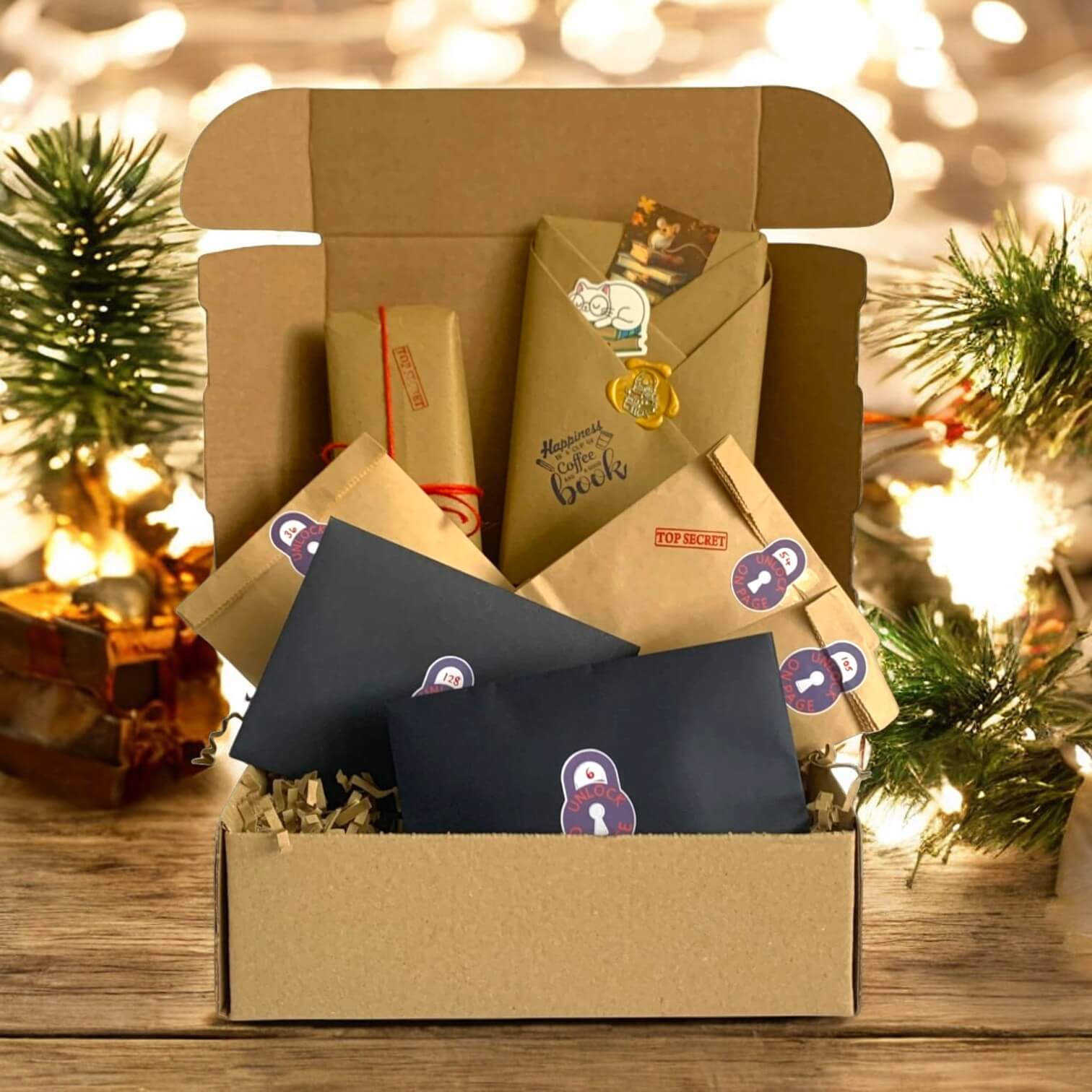 Pumpkins and Cosy Crime Book Box Christmas lights, cozyread book box
