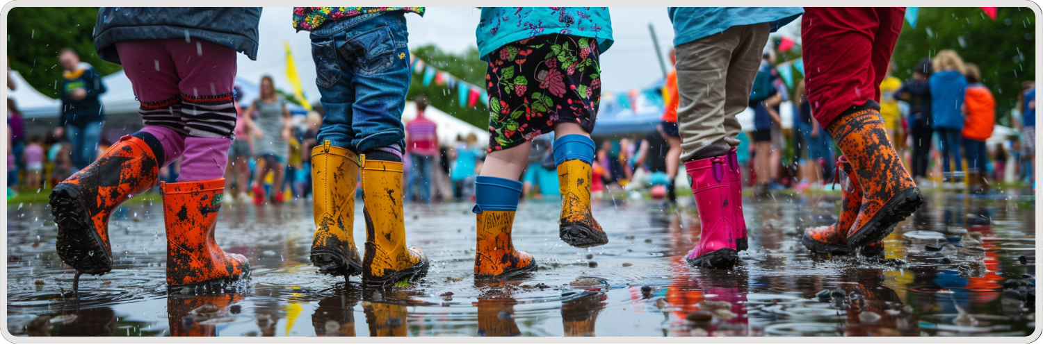 A row of children jumping in a muddy puddle from behind. You can only see their brightly coloured wellingtons and the splashes of mud. 