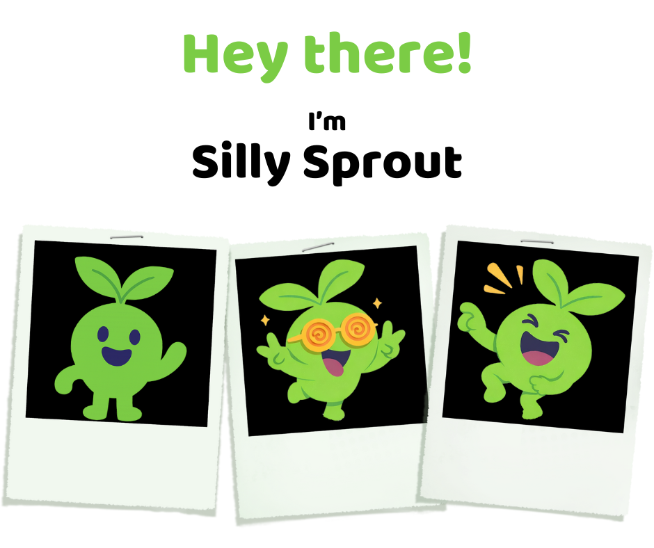 Silly Sprout character - laughter specialist with jokes in every letter