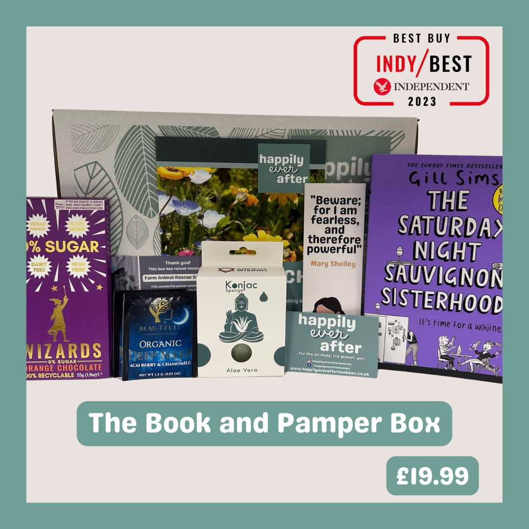 Book Box with Book, vegan chocolate, pamper product, tea, bookmark, vegan friendly