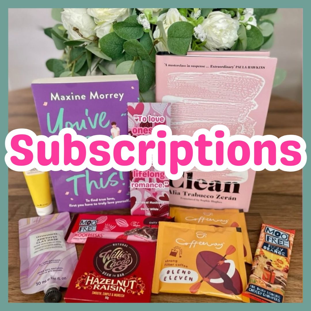 book subscription gift box with book, vegan chocolate, vegan beauty products