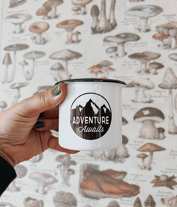 adventure awaits enamel camping mug