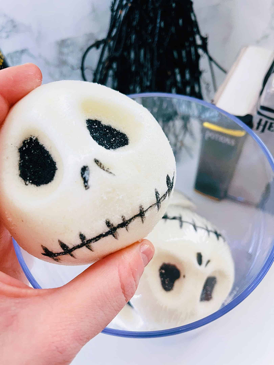 all natural Jack Skellington Halloween bath bomb for kids and parents with sensitive skin