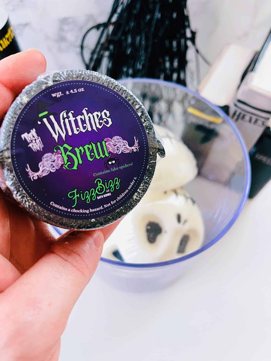 Witches Brew bath bomb with spider toys inside from Howdy Baby box subscriptions for toddlers and kids