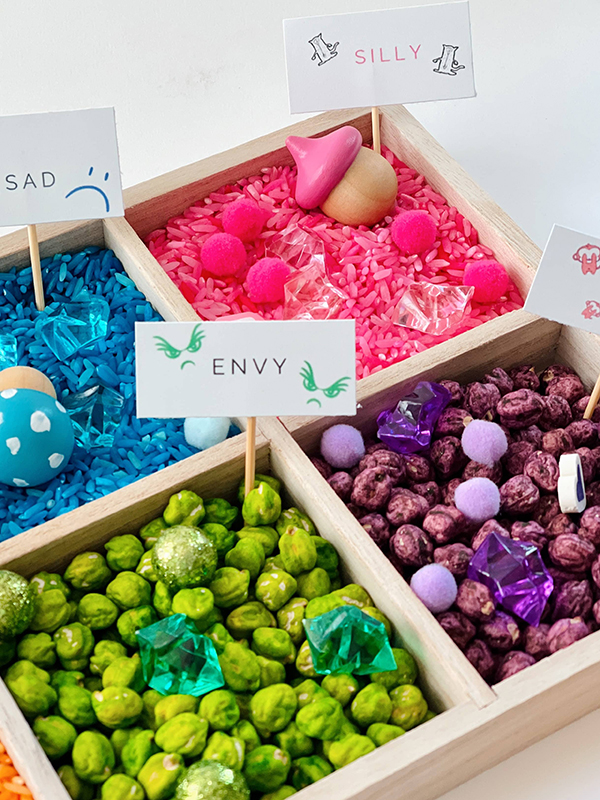 emotions themed sensory bin labeled with feelings