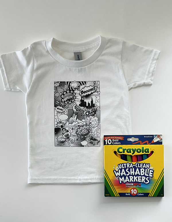 color in tee and markers from the July 2022 Howdy Baby kids activity box