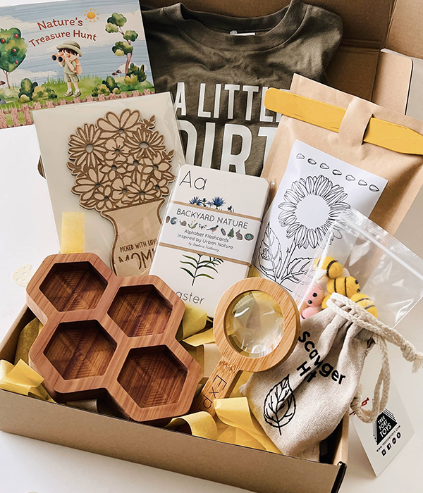 close up of all the products featured in the April 2024 Howdy Kids activity box