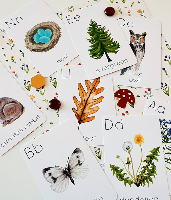 nature themed learning cards featured in the April 2024 Howdy Baby kids activity boxes