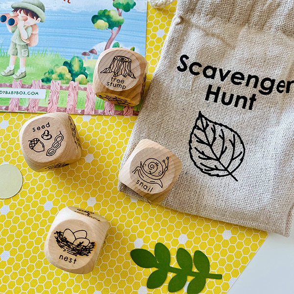 scavenger hunt dice set from the April 2024 Howdy Baby kids activity boxes