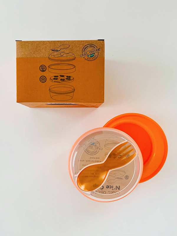 orange kids snack cup with compartments