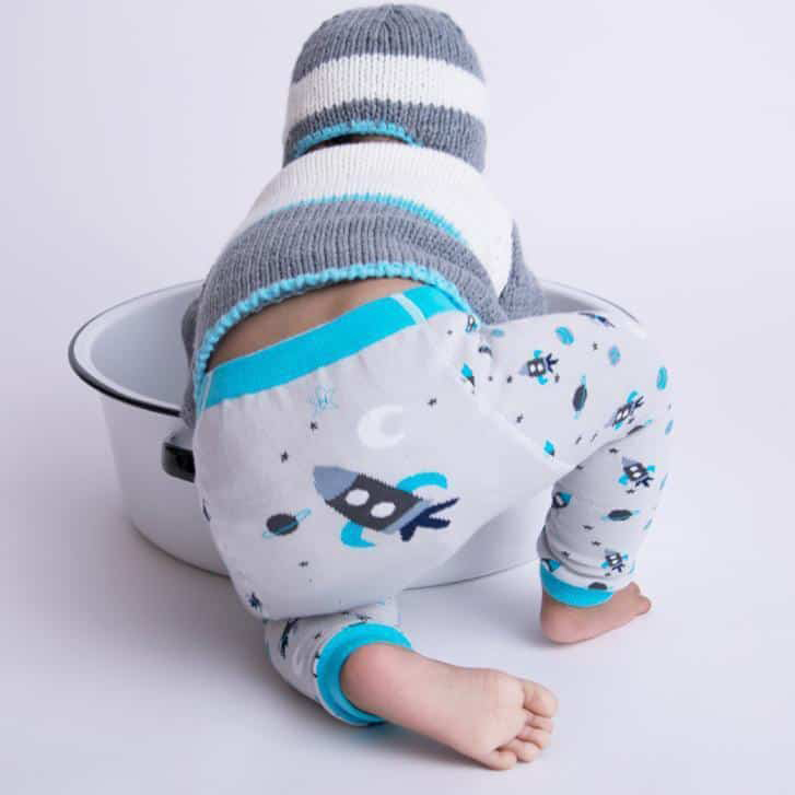 knitted baby pants with rocket ship on back