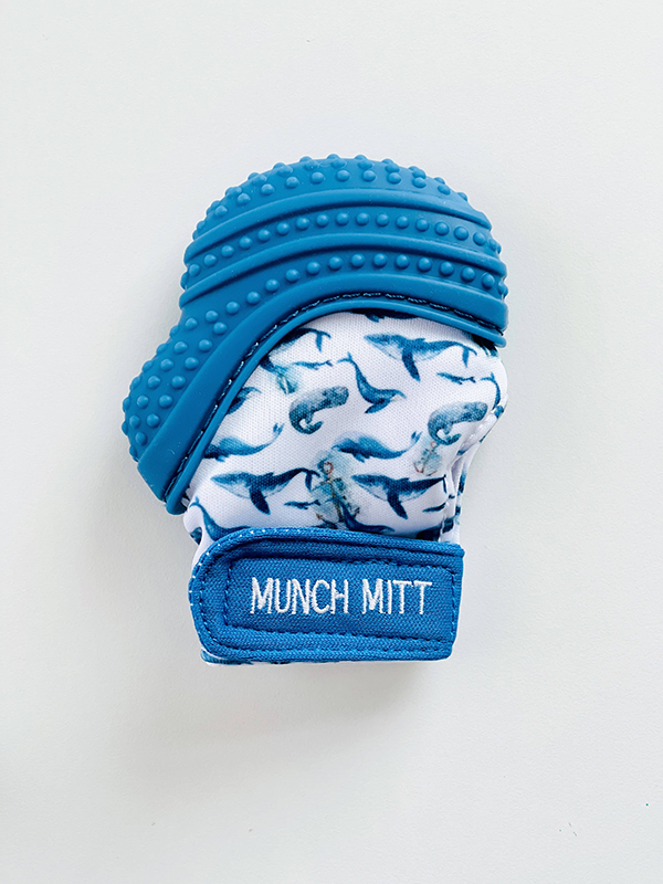 munch mitt baby teething glove blue whale print