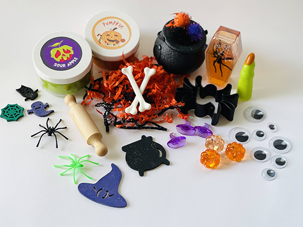 kids Halloween themed playdough sensory kit from the October 2022 Howdy Baby preschool activity box