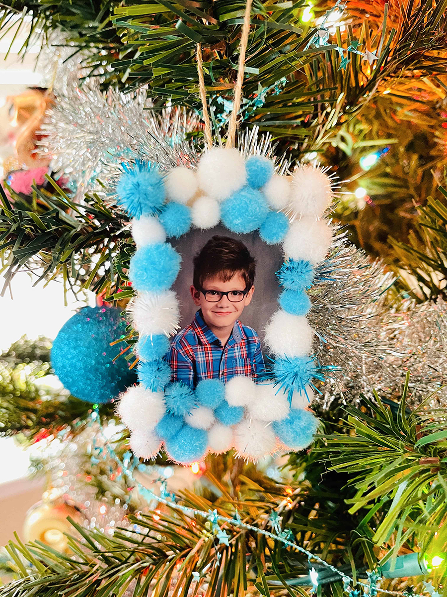 pom blue and white pom christmas ornament