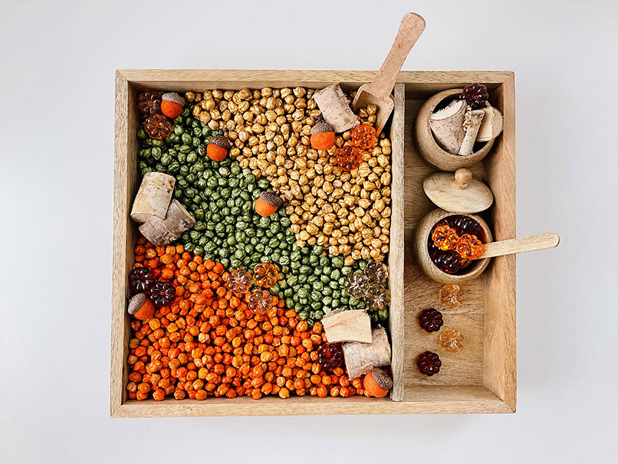 fall themed chickpea filled sensory bins for toddlers