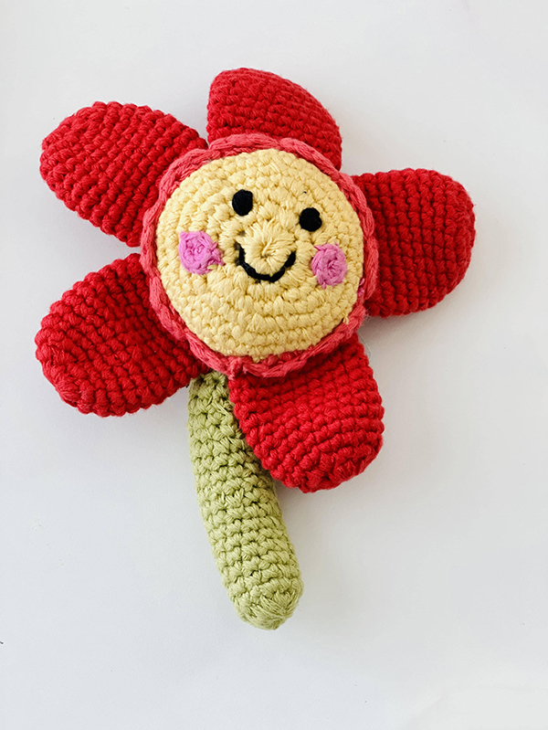 red crochet flower soft baby rattle toy