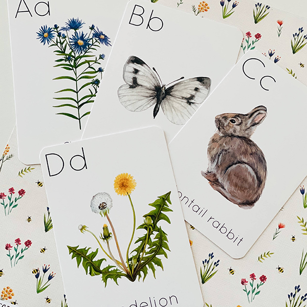 nature themed abc flashcards from the April 2024 Howdy Baby subscription box for expecting moms