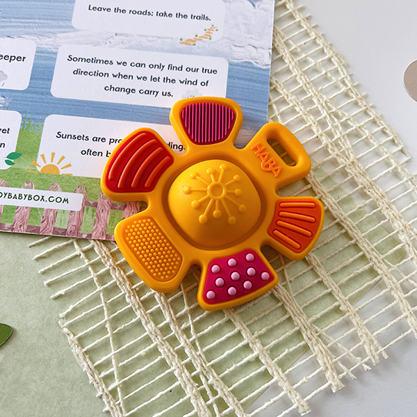 sun shaped sensory teether from nature themed Howdy Baby subscription box for expecting moms