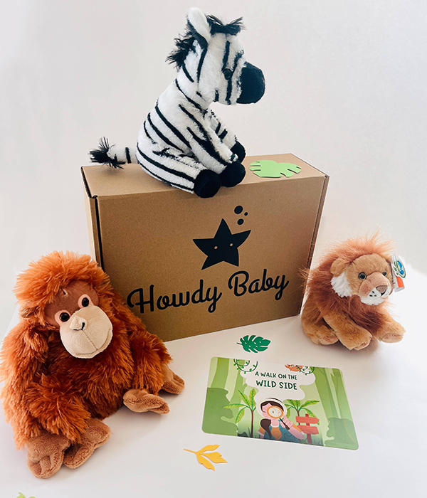 3 plushies featured in the July 2023 Howdy Baby kids subscription box for girls and boys