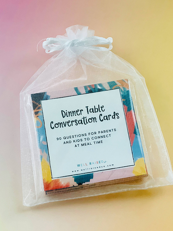 family dinner conversation cards cards from the May 2023 Howdy Baby subscription box for mother's day