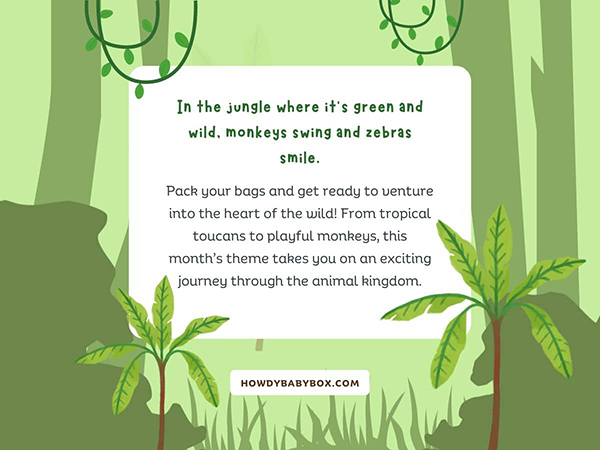 July 2023 jungle theme description for the Howdy Baby subscription box for mom and kids