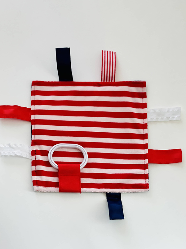 red stripes taggy crinkle sensory toy for babies and toddlers